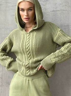 autumn winter women sweater hooded ladies coat连帽针织毛衣女