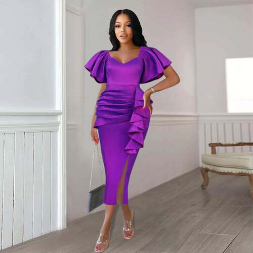 欧美大码方领优雅荷叶边褶皱连衣裙Plus Size Purple Dress Women
