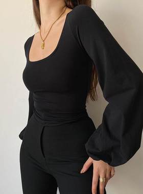 puff sleeve long sleeve shirt百搭修身灯笼泡泡袖大U领T恤上衣