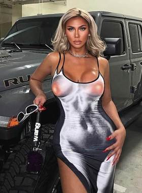 printed high spilt slip dress辣妹风印花显胸吊带高开叉长裙