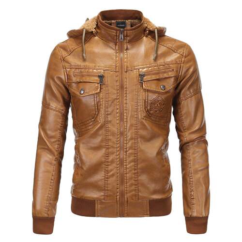 jacket Men's leather coat 皮衣青年下摆立领流行拉链休闲黄