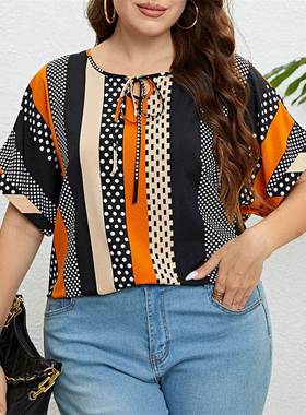 Summer plus size clothes women tops 夏季圆领印花宽松女士上衣