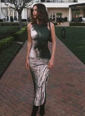 printed Sleeveless spilt dress欧美风印花性感开叉紧身连衣裙