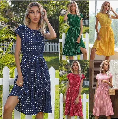 Summer polka-dot short-sleeved A-line women dress 波点连衣裙