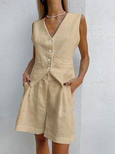 棉麻西装马甲套装女装夏季休闲无袖背心短裤两件套vest short set