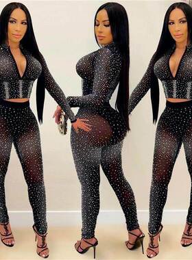 women evening sexy 2 piece set pants+jacket tight shiny 2021