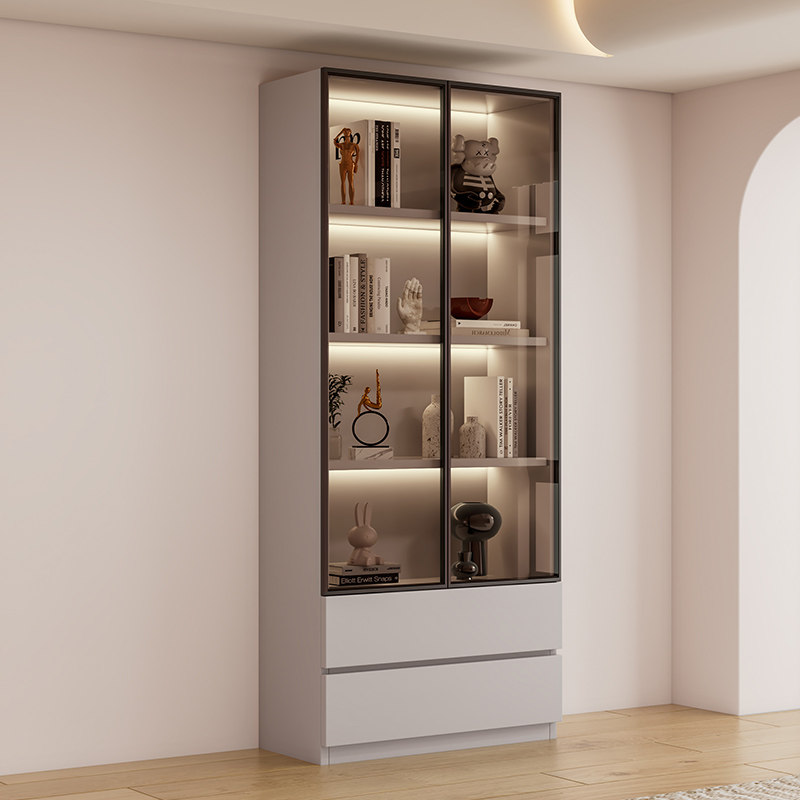 书柜带玻璃门家用客厅一体现代轻奢收纳柜模型收纳柜子书架展示柜