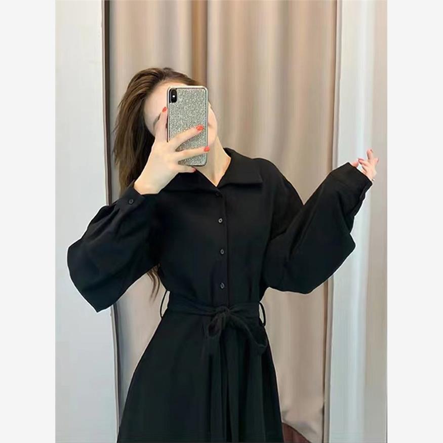黑色长袖法式衬衫连衣裙女早春季2025新款韩版收腰显瘦气质长裙子
