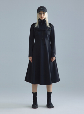 UPON PRO 立领收腰高弹力伞裙连衣裙小黑裙女款黑色