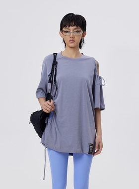 UPON PRO 浅紫色设计感抽绳不规则个性休闲短袖T恤女