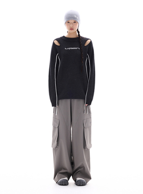 UPON PRO 镂空挖肩织线拼接羊毛针织衫上衣 女款 黑色