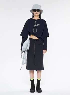 UPON PRO黑色字母撞色假两件休闲宽松长袖T恤上衣女