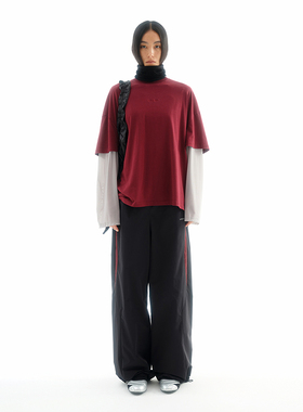 UPONPRO 都市线 新栗红撞色宽松设计感圆领长袖假两件棉感T恤上衣