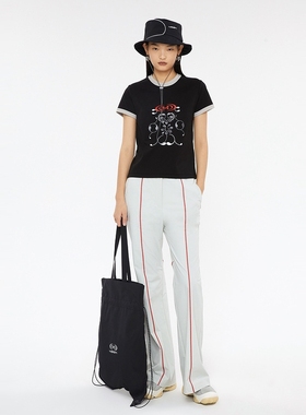 UPON PRO黑色撞色蝴蝶刺绣美式复古修身短款T恤女