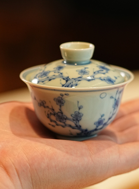 宛玉 手绘青花喜上眉梢一人饮盖碗 杯子 壶承套组 迷你小盖碗60ml