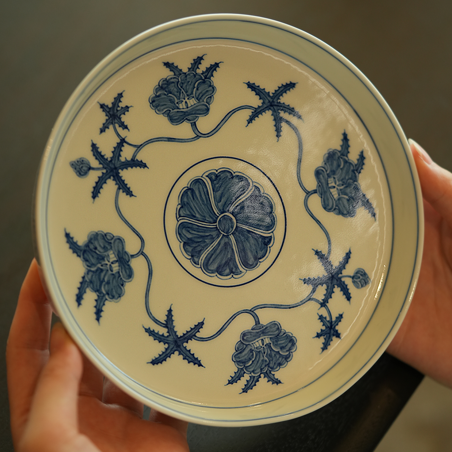 宛玉 致敬成化青花秋葵纹瓜瓞纹壶承盘子直径17.1cm 干泡台点心盘