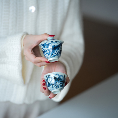 宛玉超薄70ml迷你青花鱼藻纹盖碗