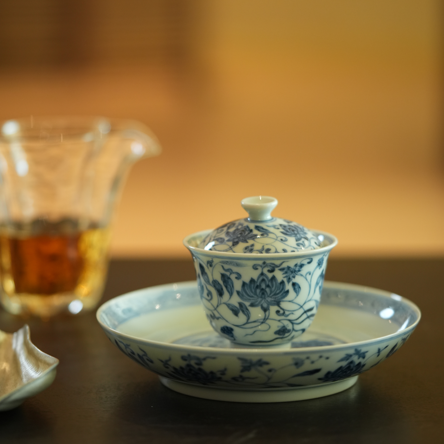 宛玉 青花一束莲纹 95ml盖碗 主人杯 水盂 茶具套组 一人饮小盖碗