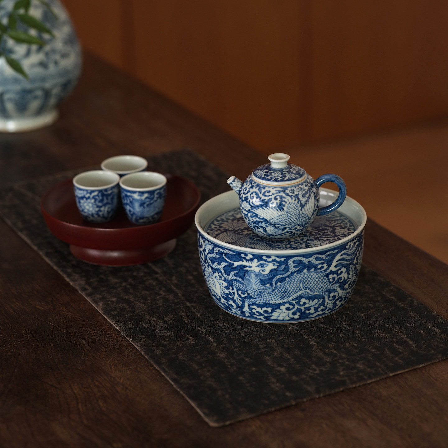 石隐柴窑青花麒麟追凤茶具套组
