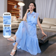 CZCo夏季 巨好看连衣裙蓝白条纹长绒棉收腰显瘦大摆连衣裙女12165