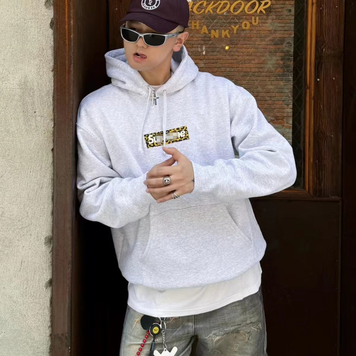 Sup美式风Box Logo Hooded上海限定豹纹bogo印花男女帽衫连帽卫衣