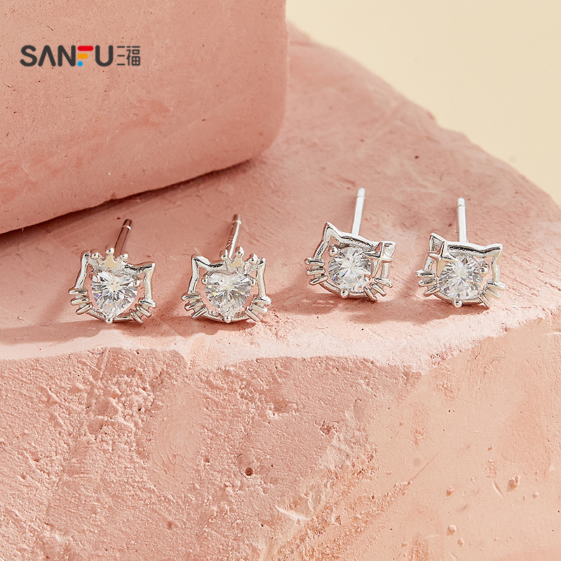 三福925银闪耀猫耳钉一对 梦幻时尚首饰耳饰配饰耳环850501