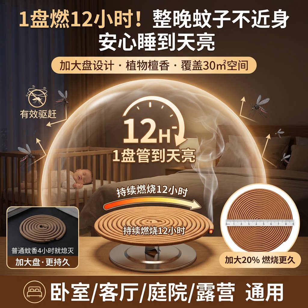 檀香盘香艾草驱蚊香卫生间厕所除臭味净化空气沉香卧房安寝好眠