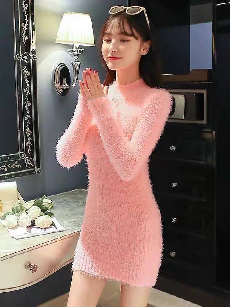 新款配大衣连衣裙内搭仿水貂绒毛衣加厚中长款修身打底衫女秋冬潮