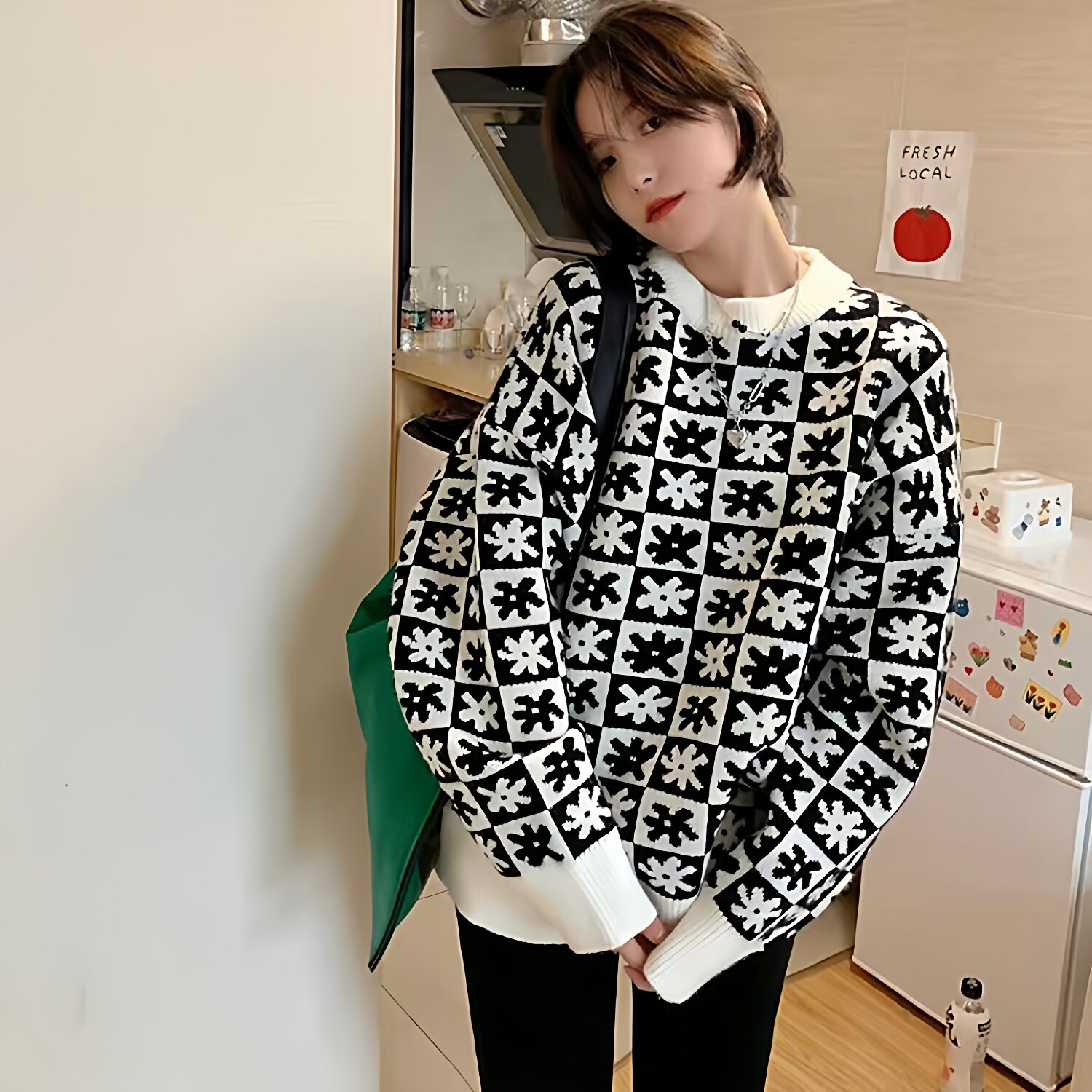 黒白格子毛衣女2026秋冬韩版新款宽松韩版爆款慵懒风针织外套上衣