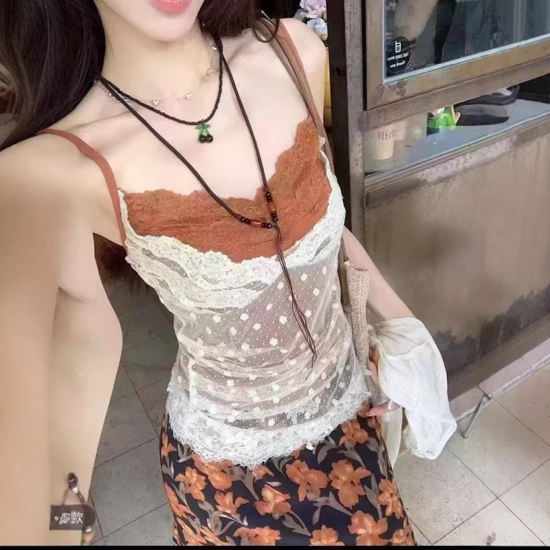 假两件蕾丝花边背心薄款叠穿背心上衣女夏季不规则波点蕾丝吊带衣