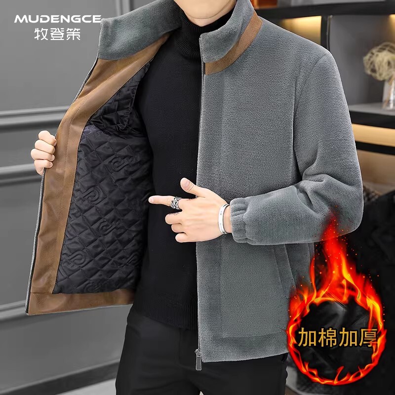 韩版摇粒绒棉衣外套男秋冬新款轻熟风加棉加厚拉链立领休闲夹克
