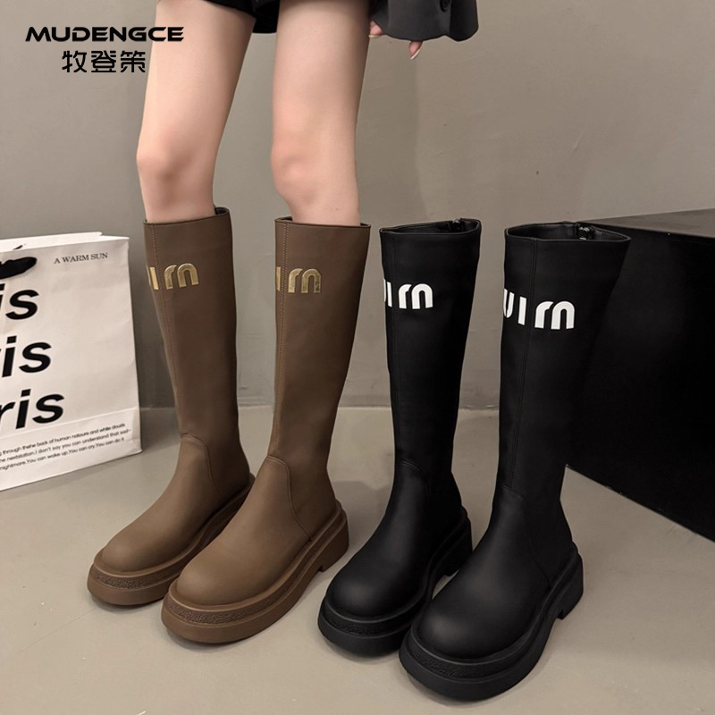 复古厚底高筒靴女圆头舒适不过膝