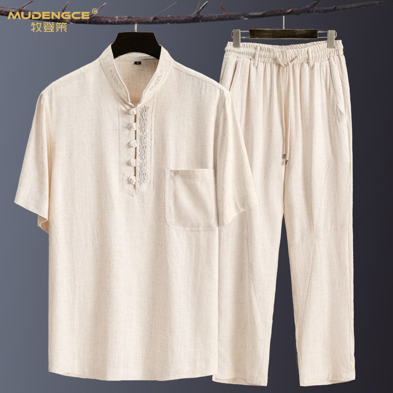 唐装男装中国风棉麻爸爸短袖体恤上衣服中老年人夏季亚麻套装送礼