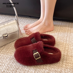 毛绒包头半拖鞋女新款舒适懒人一脚蹬毛毛鞋软底保暖轻便勃肯鞋