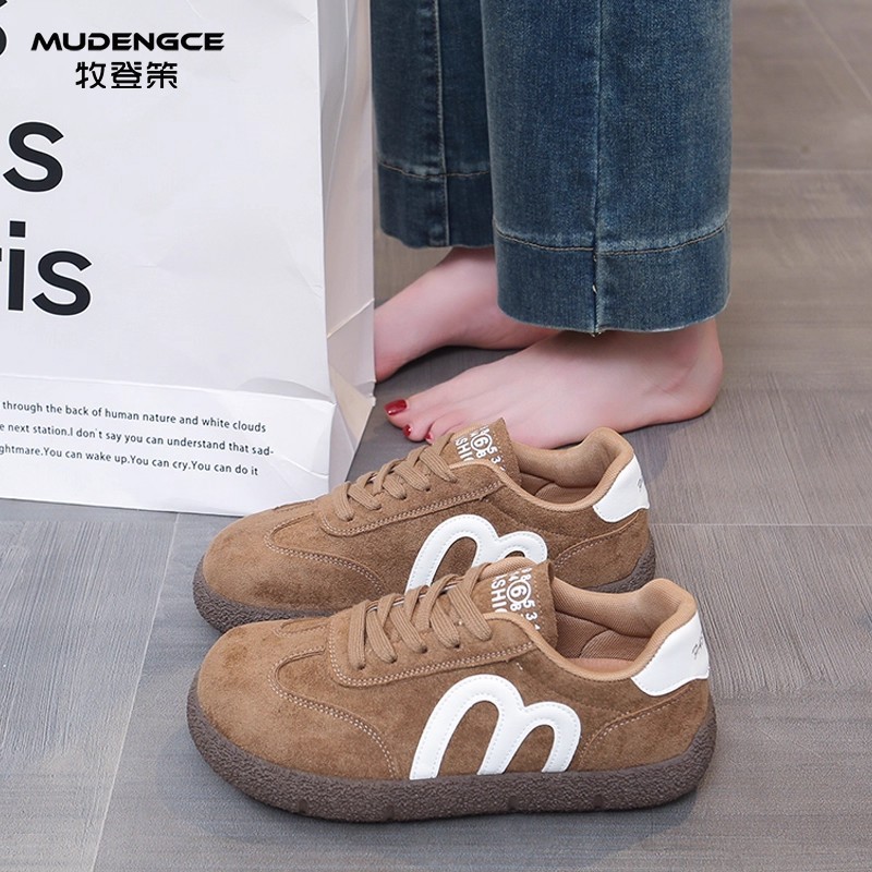 复古驼色德训鞋女新款圆头系带板鞋软底防滑浅口轻便休闲鞋