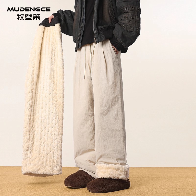 美式加厚直筒保暖裤女新款外穿宽松加绒棉裤高腰防风大码冲锋裤