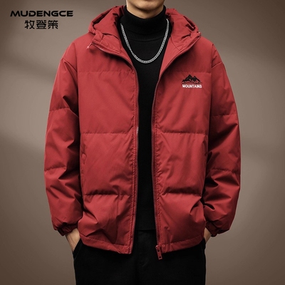 白鸭绒美式复古酒红连帽羽绒服男