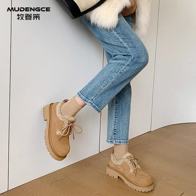 棕色加绒雪地靴女增高防滑一脚蹬