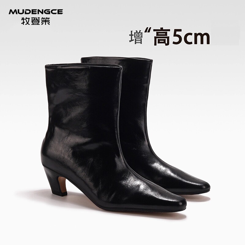 法式方头马丁靴女新款增高5cm猫跟显瘦短靴英伦风黑色轻便瘦瘦靴