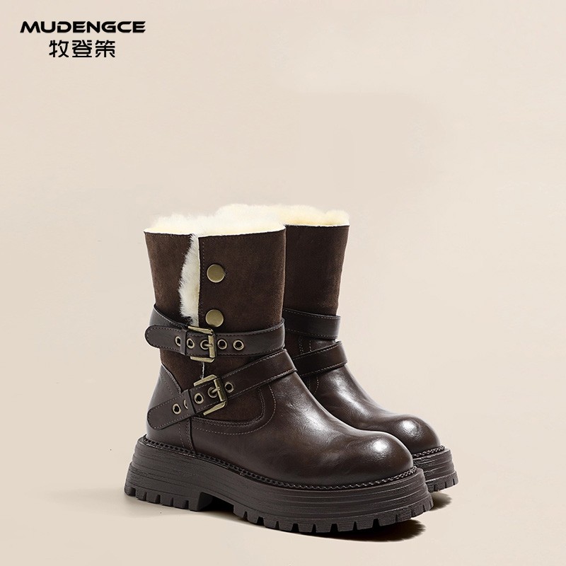 直筒马丁短靴女圆头厚底雪地靴