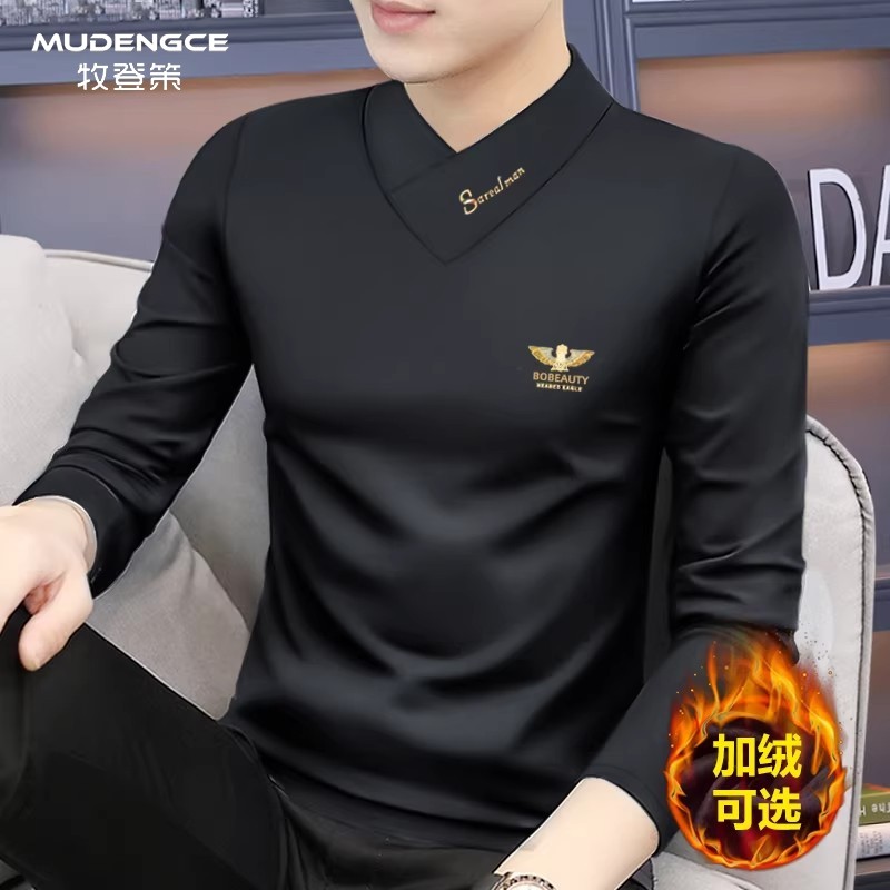 简约长袖V领T恤男士高级感加绒保暖修身型打底衫黑色烫金字母上衣