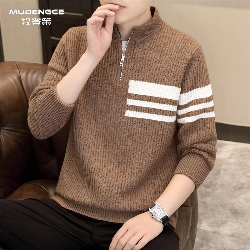 简约立领毛衣男新款休闲长袖半拉链条纹针织衫拼色百搭毛衫上衣