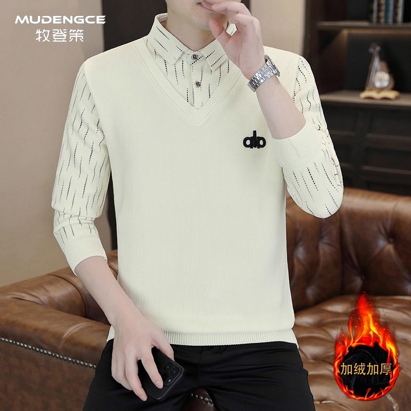 假两件衬衫领毛衣男冬季加绒加厚韩版修身套头帅气翻领长袖打底衫