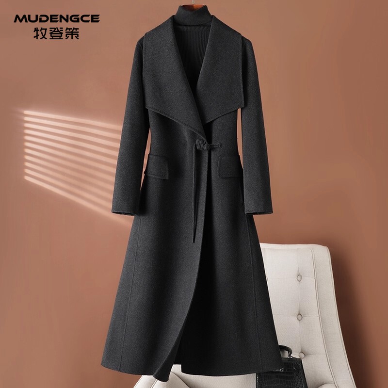 灰色双面羊绒大衣女中长款大翻领宽松羊毛呢外套气质舒适时尚外套