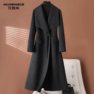 灰色双面羊绒大衣女翻领毛呢外套