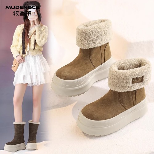 两穿毛绒雪地靴女增高加绒一脚蹬