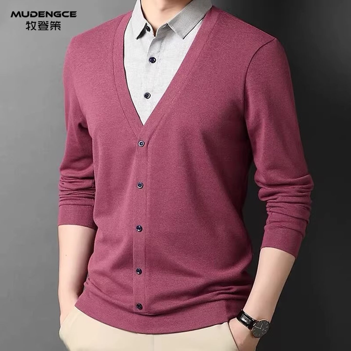 本命年红色假两件衬衫领针织开衫男士春秋款商务宽松休闲长袖上衣