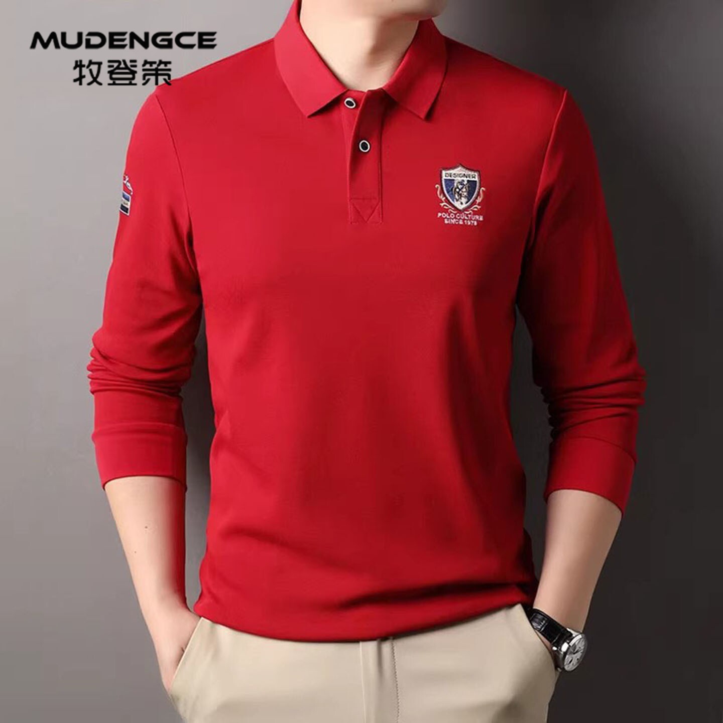 【马上有钱】本命年红色长袖POLO衫男新款刺绣商务休闲T恤上衣