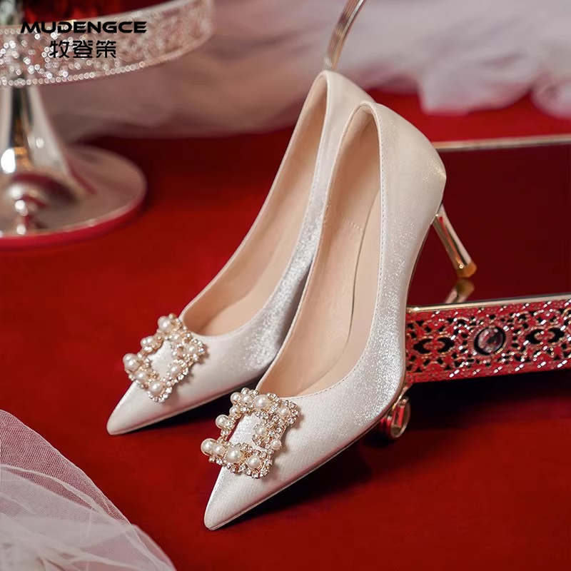 法式珍珠高跟鞋女主婚纱轻便单鞋