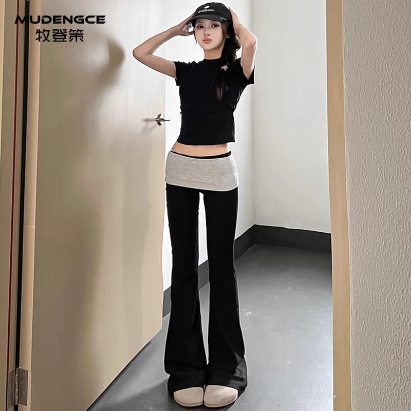 黑色休闲微喇裤女秋季2025新款辣妹修身显瘦小个子撞色直筒运动裤